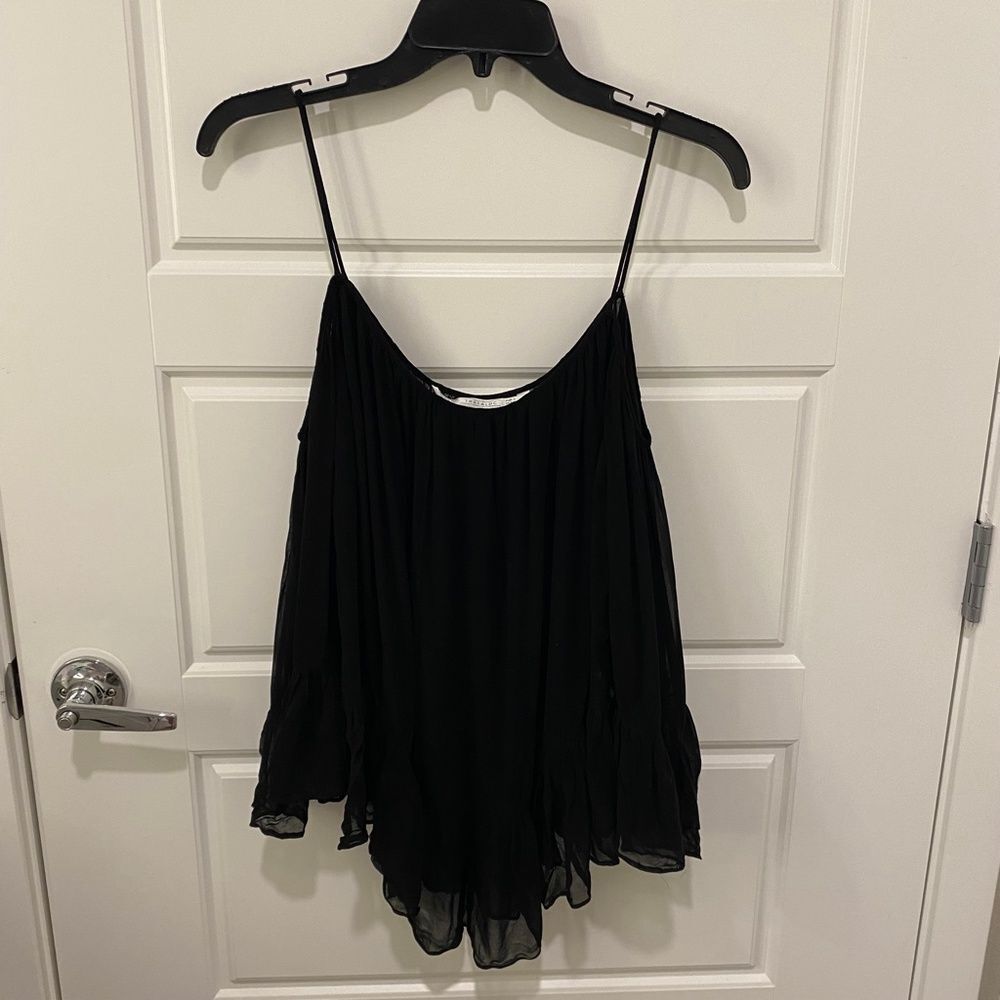 Zara Trafaluc Cold Shoulder Top Black Ruffle Chiffon Spaghetti Strap Blouse L - Picture 3 of 12